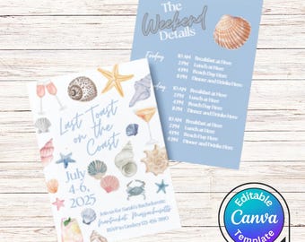 Küsten Bachelorette Reiseplan Vorlage | Druckbare Bachelorette Einladung | Letzter Toast auf der Küste | Canva Vorlage