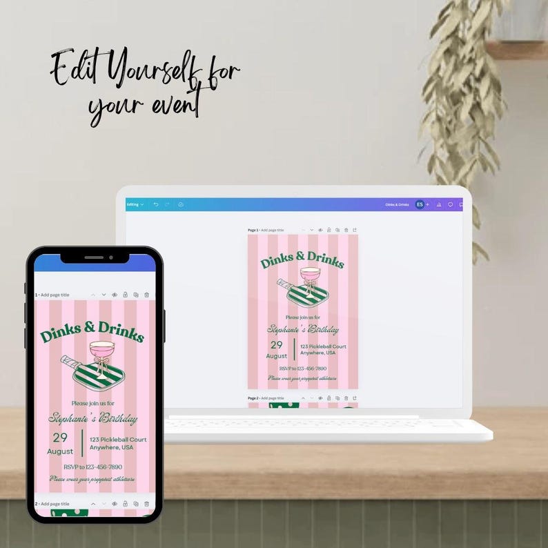 Peut inclure: Une invitation imprimable rose et verte avec le texte "Dinks & Drinks" et un graphique d'un verre &agrave; cocktail rose sur une pagaie verte. L'invitation est pour l'anniversaire de Stephanie le 29 ao&ucirc;t. Le texte comprend &eacute;galement l'adresse, 123 Pickleball Court, Anywhere, USA, et le num&eacute;ro de t&eacute;l&eacute;phone, 555-123-456-7800.
