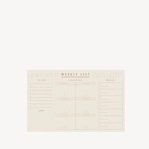 May include: A weekly planner with sections for to-do list, lifestyle, and meals. The lifestyle section has a calendar grid for each day of the week. The meals section has a list for groceries for each day of the week.