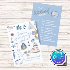 May include: A light blue and white invitation with a nautical theme for a bachelorette weekend. The invitation features a lighthouse, a sailboat, a crab, a seashell, a beach umbrella, and a beach chair. The text on the invitation reads "Sarah's Bachelorette Weekend" and "July 4-6, 2025 Nantucket, Massachusetts RSVP to Lindsey 123-456-7890".