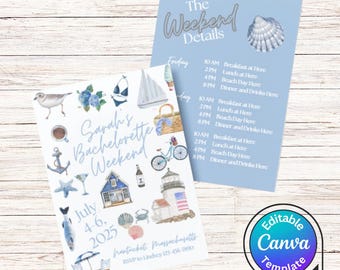Küsten Bachelorette Reiseplan Vorlage | Druckbare Bachelorette Einladung | Umhang / Nantucket / New England | Canva Vorlage