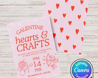 Galentines Day Hearts Crafts Party Einladung | Bearbeitbare Canva Vorlage | Mädels nacht Valentine Party
