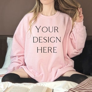 Gildan Light Pink Sweatshirt Mockup Gildan Pink Sweatshirt Model Mockup, Gildan 18000 Mock Up Light Pink, Model Mockup Pink Sweatshirt image 1