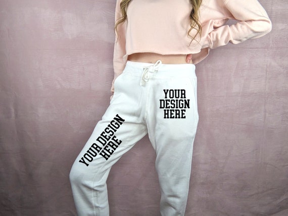 Cotton Heritage Sweatpants Mockup | White Joggers Mockup Model | Unisex  Fleece Sweatpants Cotton Heritage M7580 | Sweats Jogger Mock Up