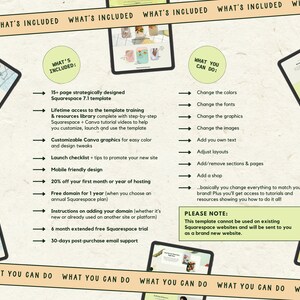 Pu&ograve; includere: Una grafica che mostra le funzionalit&agrave; incluse in un modello di sito web Squarespace. Il modello include oltre 15 pagine, accesso a vita alle risorse di formazione, grafica Canva personalizzabile, una checklist di lancio, un design mobile-friendly, un dominio gratuito per un anno e 30 giorni di supporto via email dopo l'acquisto. La grafica mostra anche cosa puoi fare con il modello, come cambiare i colori, i font, la grafica, le immagini e aggiungere il tuo testo. La grafica include il testo "NOTA: Questo modello non pu&ograve; essere utilizzato su siti web Squarespace esistenti e ti verr&agrave; inviato come un nuovo sito web."