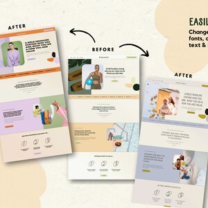 Pu&ograve; includere: Un mockup di design di un sito web che mostra immagini prima e dopo di un sito web. L'immagine prima mostra un sito web con uno sfondo blu e un'immagine verde e bianca di una donna che tiene una palla blu. L'immagine dopo mostra un sito web con uno sfondo blu chiaro e un'immagine gialla e bianca di una donna e un bambino. Il testo sul sito web dice "EASILY Change the fonts, colors, text & images".