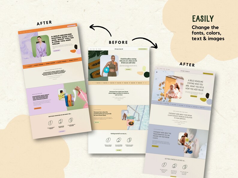 Pu&ograve; includere: Un mockup di design di un sito web che mostra immagini prima e dopo di un sito web. L'immagine prima mostra un sito web con uno sfondo blu e un'immagine verde e bianca di una donna che tiene una palla blu. L'immagine dopo mostra un sito web con uno sfondo blu chiaro e un'immagine gialla e bianca di una donna e un bambino. Il testo sul sito web dice "EASILY Change the fonts, colors, text & images".