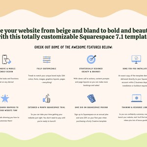 Pu&ograve; includere: Un'illustrazione grafica colorata di un modello di sito web con funzionalit&agrave; evidenziate in cerchi blu. Il testo recita "Take your website from beige and bland to bold and beautiful with this totally customizable Squarespace 7.1 template." e "Check out some of the awesome features below:"