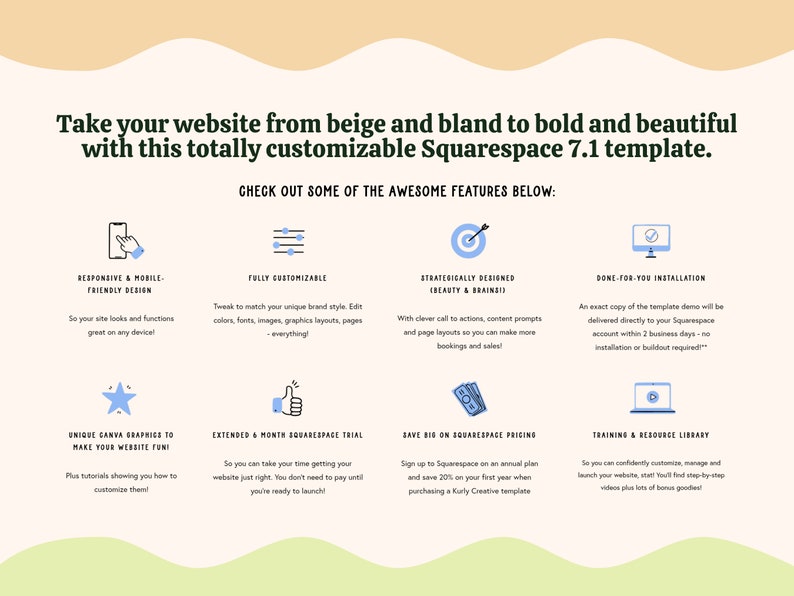 Pu&ograve; includere: Un'illustrazione grafica colorata di un modello di sito web con funzionalit&agrave; evidenziate in cerchi blu. Il testo recita "Take your website from beige and bland to bold and beautiful with this totally customizable Squarespace 7.1 template." e "Check out some of the awesome features below:"