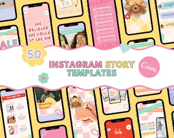 May include: A collection of 50 colorful Instagram story templates made in Canva. The templates feature various designs, including text, images, and graphics. The templates are perfect for businesses and individuals who want to create engaging and eye-catching Instagram stories.