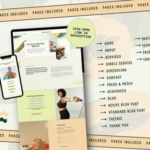 Pu&ograve; includere: Un mockup di sito web per un'azienda di fitness e benessere. Il sito web presenta uno schema di colori verde e bianco con un'illustrazione di papaya. Il sito web include pagine per la home page, chi siamo, servizi, servizio singolo, pianificazione, contatto, stampa e media, risorse, blog, post del blog di ricette, post del blog standard, omaggio e grazie.