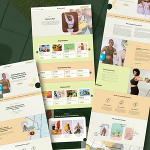 Pu&ograve; includere: Homepage di un sito web per un coach di salute e benessere. Il sito web presenta una combinazione di colori giallo chiaro e verde con immagini di persone che fanno esercizio e cibo sano. Il testo sul sito web include le parole "Resource Hub", "I miei prodotti preferiti", "I miei strumenti aziendali preferiti", "I miei sapori fantastici", "Non sono il tuo coach di salute medio", e "Ho alcune delle mie cose preferite."
