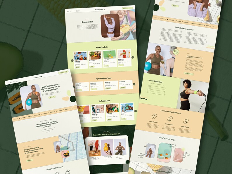 Pu&ograve; includere: Homepage di un sito web per un coach di salute e benessere. Il sito web presenta una combinazione di colori giallo chiaro e verde con immagini di persone che fanno esercizio e cibo sano. Il testo sul sito web include le parole "Resource Hub", "I miei prodotti preferiti", "I miei strumenti aziendali preferiti", "I miei sapori fantastici", "Non sono il tuo coach di salute medio", e "Ho alcune delle mie cose preferite."