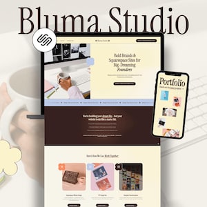 Könnte beinhalten: Ein Website-Design, das auf einem Laptop und einem Smartphone angezeigt wird. Der Laptop-Bildschirm zeigt eine Website mit dem Text "Bold Brands & Squarespace Sites for Big-Dreaming Founders". Das Smartphone zeigt ein Portfolio. Das Logo "Bluma Studio" befindet sich oben.