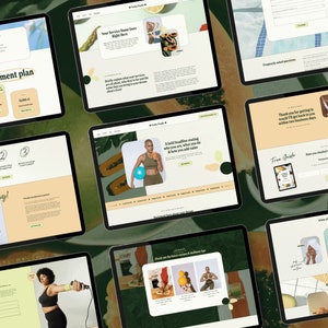 Pu&ograve; includere: Un sito web per un servizio di benessere con uno schema di colori verde e arancione. Il sito web presenta immagini di persone che fanno esercizio, un piano di pagamento e un modulo di contatto. Il testo sul sito web include le parole "Scegli il tuo piano di pagamento", "Oh hey!" e "From Guide".