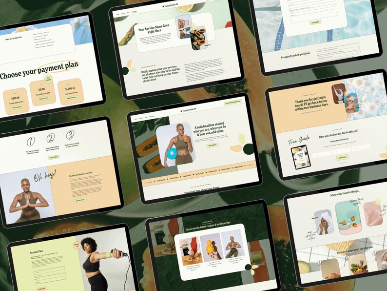 Pu&ograve; includere: Un sito web per un servizio di benessere con uno schema di colori verde e arancione. Il sito web presenta immagini di persone che fanno esercizio, un piano di pagamento e un modulo di contatto. Il testo sul sito web include le parole "Scegli il tuo piano di pagamento", "Oh hey!" e "From Guide".