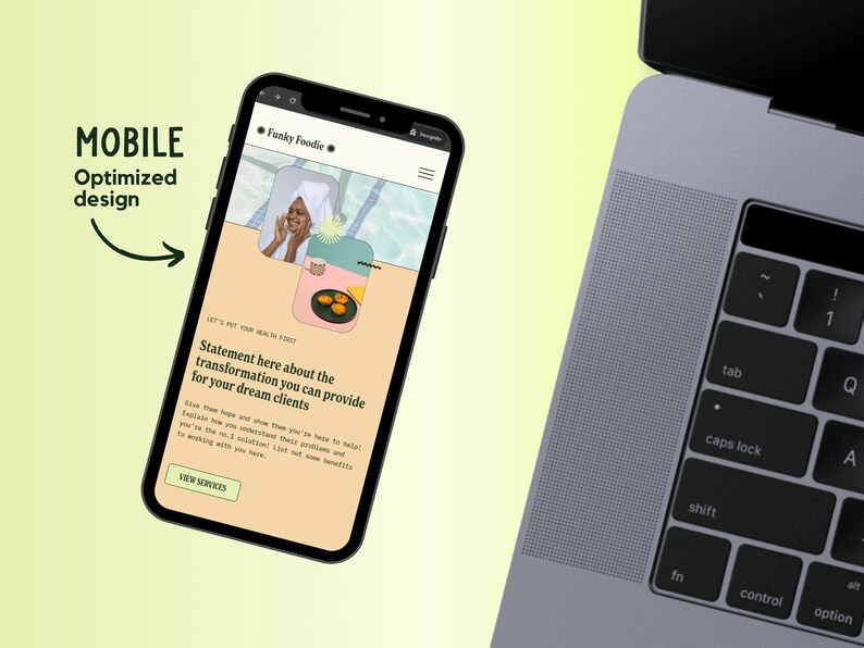 Pu&ograve; includere: Lo schermo di un telefono cellulare che mostra un sito web per un'azienda chiamata "Funky Foodie". Il sito web presenta una dichiarazione sulla trasformazione che puoi fornire ai tuoi clienti da sogno, una call to action per visualizzare i servizi e una foto di una persona con un asciugamano in testa.