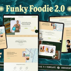 Pu&ograve; includere: Un mockup di sito web per un'azienda di salute e benessere chiamata "Funky Foodie 2.0". Il sito web presenta uno schema di colori arancio chiaro e verde con immagini di una donna che fa esercizio e una donna che tiene una papaya. Il sito web include testo sui servizi dell'azienda e una call to action per saperne di pi&ugrave;.