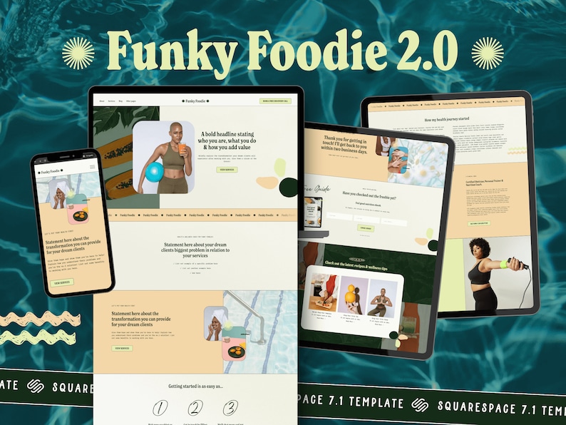 Pu&ograve; includere: Un mockup di sito web per un'azienda di salute e benessere chiamata "Funky Foodie 2.0". Il sito web presenta uno schema di colori arancio chiaro e verde con immagini di una donna che fa esercizio e una donna che tiene una papaya. Il sito web include testo sui servizi dell'azienda e una call to action per saperne di pi&ugrave;.