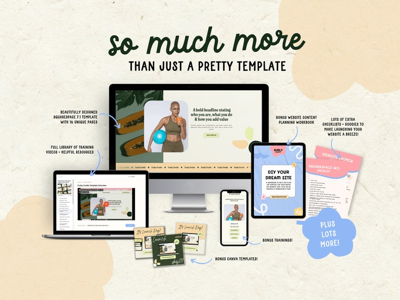 Pu&ograve; includere: Un modello di sito web di marketing digitale per Squarespace, che presenta una donna che fa esercizio con una palla blu. Il modello include una libreria completa di video di formazione, risorse utili, modelli Canva bonus e un quaderno di lavoro per la pianificazione dei contenuti del sito web. Il testo "so much more than just a pretty template" &egrave; visualizzato nella parte superiore dell'immagine.