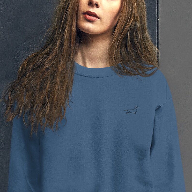 May include: A blue sweatshirt with a small embroidered dachshund on the front.