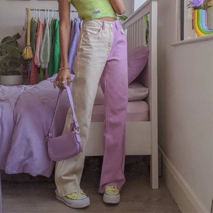 White Purple Straight Women's Jeans Distressed Streetwear | Etsy