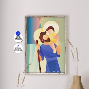 Saint Joseph with Jesus Child St. Joseph  | Catholic printable wall art, Catholic illustration prints, Catholic gifts, Catholic digital file