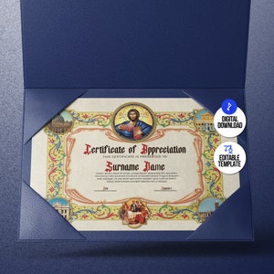 Op de afbeelding: Een certificaat van waardering met een gouden en rode sierlijke rand. Het certificaat heeft een afbeelding van Jezus in het midden en een afbeelding van een kerk in de rechterbenedenhoek. De tekst op het certificaat luidt "Certificaat van waardering" en "Achternaam".