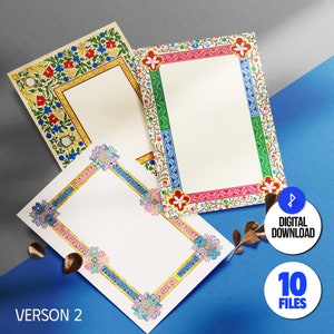May include: Three printable digital frames with ornate floral borders in shades of red, blue, green, yellow, and gold. The frames are perfect for adding a touch of vintage elegance to your projects.