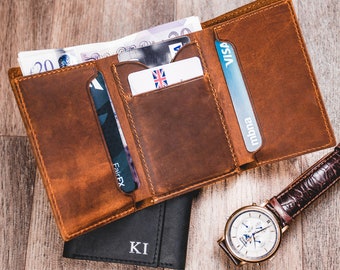 TRIFOLD MENS WALLET, Cartera tríptica de cuero para hombres de cuero hecho a mano, Billetera personalizada para hombres, Billetera de cuero tiene mucho dinero