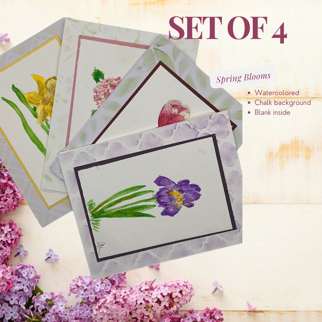Set of 4 “spring Blooms” Watercolored Greeting Cards - Etsy