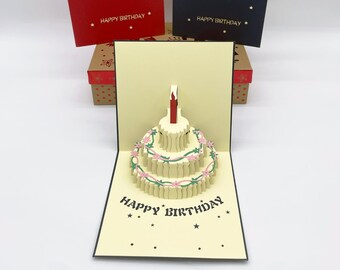 Tarjeta de cumpleaños emergente 3D / Escarlata y azul marino