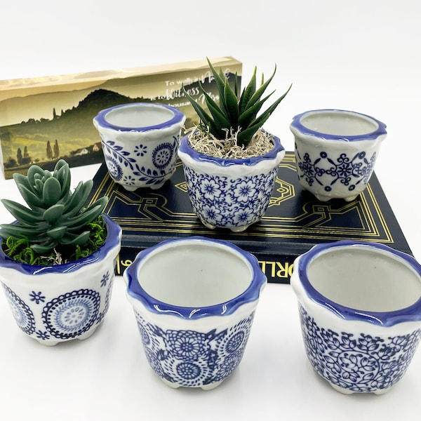 Mini Blue-Inked Floral Planters