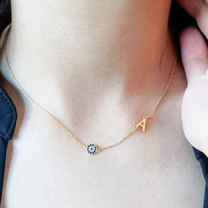 14 K Gold Initial Necklace, Evil Eye Necklace, Sideway Initial Necklace, Gift For Her, Birthday Gift, Necklace For Women, Minimalist Gift