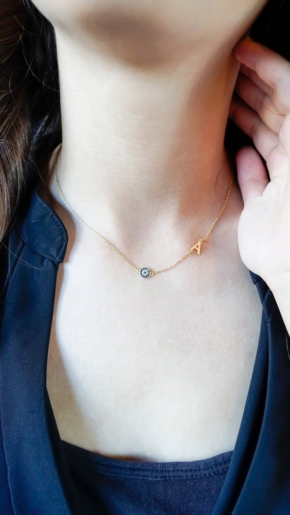 14 K Gold Initial Necklace Evil Eye 
