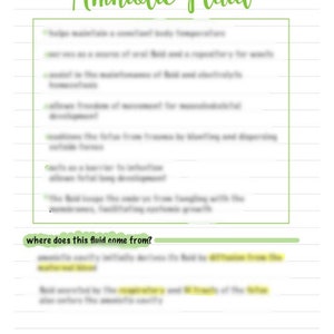 Peut inclure: Une page de cahier lignée verte et blanche avec le titre "Liquide amniotique" écrit en cursive verte. La page contient une liste de puces sur le liquide amniotique, y compris ses fonctions et son origine. La question "D'où vient ce liquide ?" est écrite en vert en bas de la page.