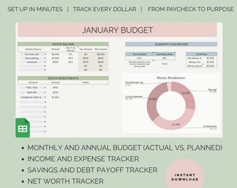 Monthly Annual Budget Tracker | Savings Debt Payoff Net Worth (Google Sheets)