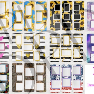 Puede incluir: Conjunto de 12 diseños digitales de sublimación con varios patrones y marcos. Los diseños incluyen girasoles, corazones, rayas, camuflaje y una bandera estadounidense. Cada diseño tiene varios marcos para agregar fotos o texto.