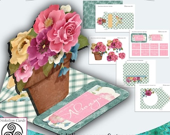 Pot of Flowers Shaped 3D Decoupage Easel Card with Envelope and Sentiments Printable Card Making Kit, Instant Digital Download, DIY Cards