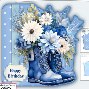 Printable Blue Boots & Flowers Shaped Card With Insert Card Making Kit Digital Download Birthday, Mother's Day, Dear Friend etc.