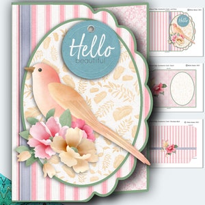 Printable Hello Beautiful Scalloped Edge Asymmetric Decoupage Card Making Kit with Inserts and Matching Envelope