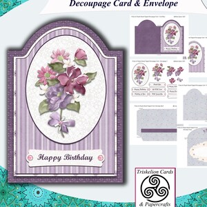 Printable Pretty In Purple 3D Decoupage Card Making Kit with Insert and Matching Envelope and Various Sentiments inc Birthday, Thank You etc