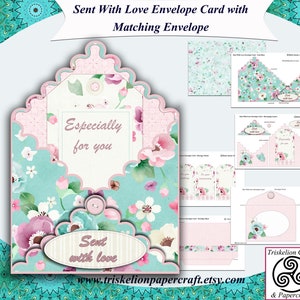 Printable Sent With Love Envelope Shaped Card and Matching Envelope Especially For You, Birthday, Anniversary, Mother's Day Instant Download