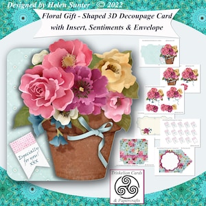 Printable Floral Gift Shaped 3D Decoupage Card Making Kit with Blank Insert, Envelope and 14 Plus Sentiments, Birthday, Anniversary, etc.