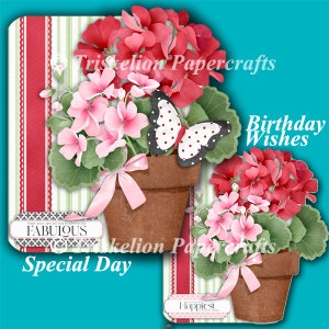 Printable Geraniums Shaped 3D Decoupage Special Day and Birthday Wishes Card Making Kit Digital Download with Insert and Matching Envelope