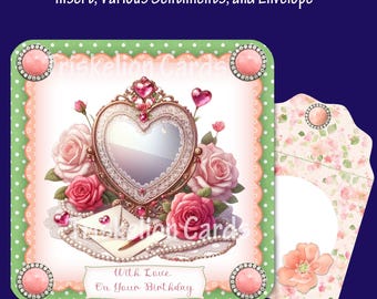May include: A boudoir chic rounded corner card with six toppers, insert, various sentiments, and envelope. The card features a heart-shaped mirror, roses, pearls, and the text "With Love On Your Birthday". The envelope has a floral design.