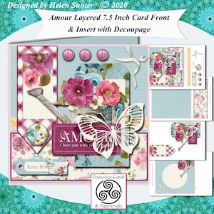 Amour Vintage Floral 7.5 Inch Card Front Kit & Insert Card Making Printable Digital Download Valentine, Anniversary, Birthday, Mother's Day