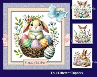May include: Easter-themed card fronts featuring a bunny with a floral crown, nestled among colorful Easter eggs in a woven nest. The card fronts are 7.5 inches in size, with decoupage, inserts, and extra embellishments. The words "Happy Easter" are displayed.