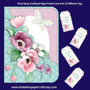 Floral Spray Scalloped Edge Pocket 3D Decoupage Card Making Kit & 20 Tags, Valentine, Birthday, Good Luck, Download, Printables, Card Kits