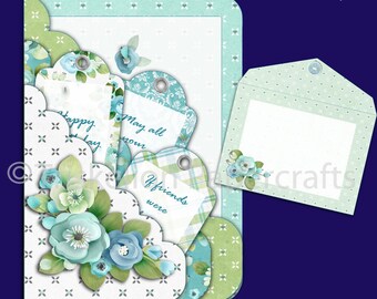 Blue Floral Scalloped Edge Pocket Card Making Kit with Insert, Tags and Envelope Printable Digital Download
